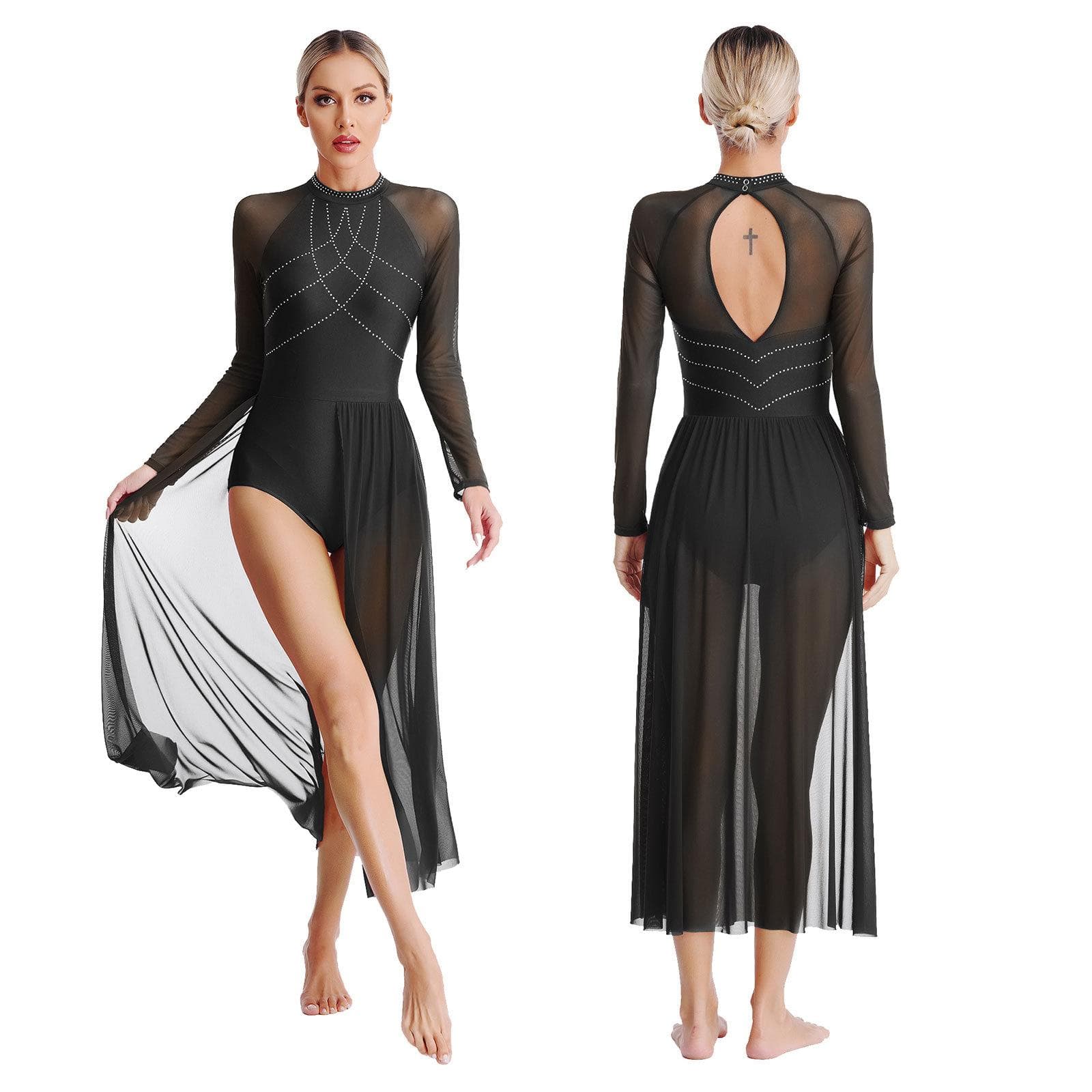 Women Modern Lyrical Dance Dress Rhinestone Gymnastics Leotard Split Maxi Dresses Long Sleeve Ballet Stage Performance Dancewear XL black