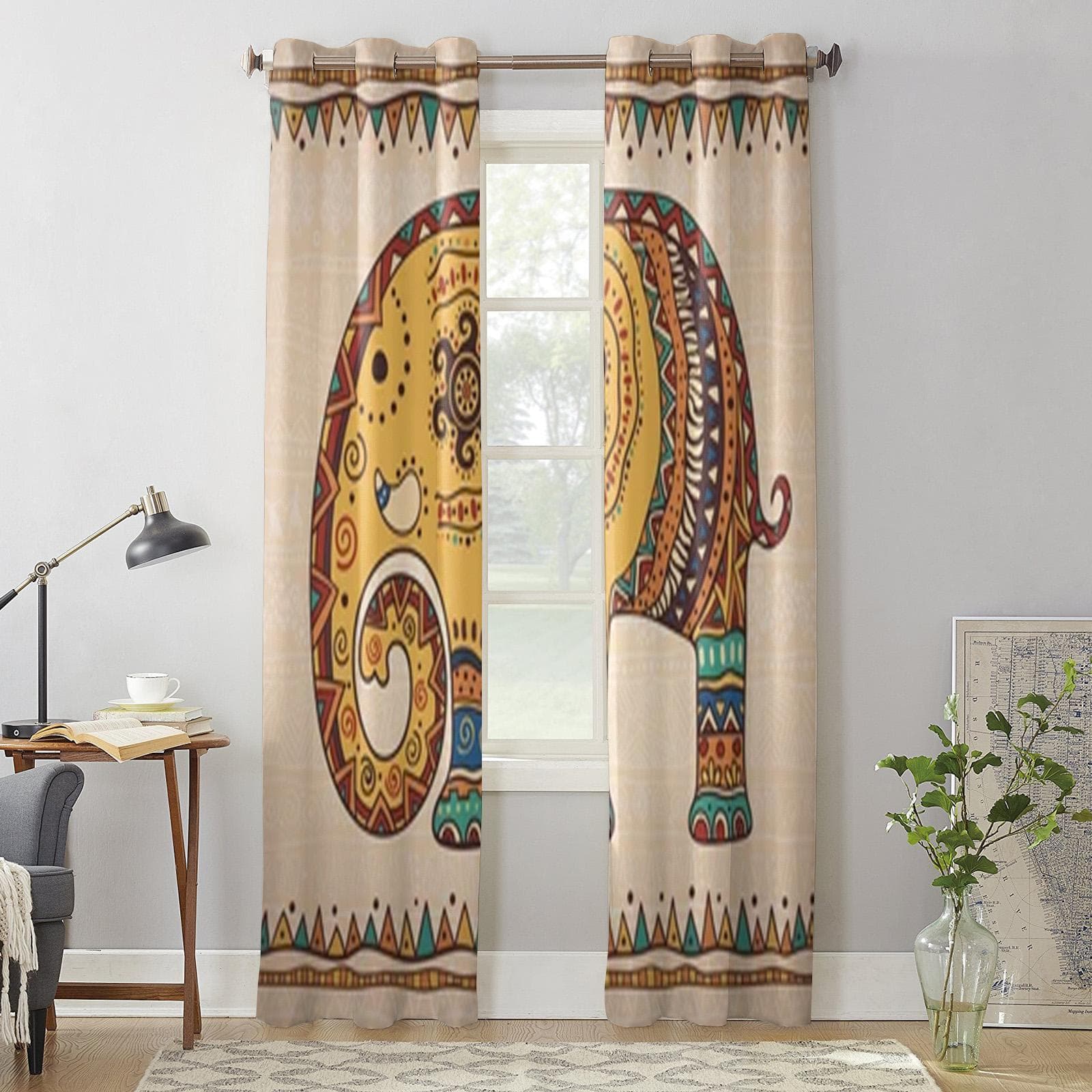Indian Graphic Elephant Window Curtains For Living Room Luxury Bedroom Decor Drapes Kitchen Window Treatments Curtains 135W x 60H(cm) x1
