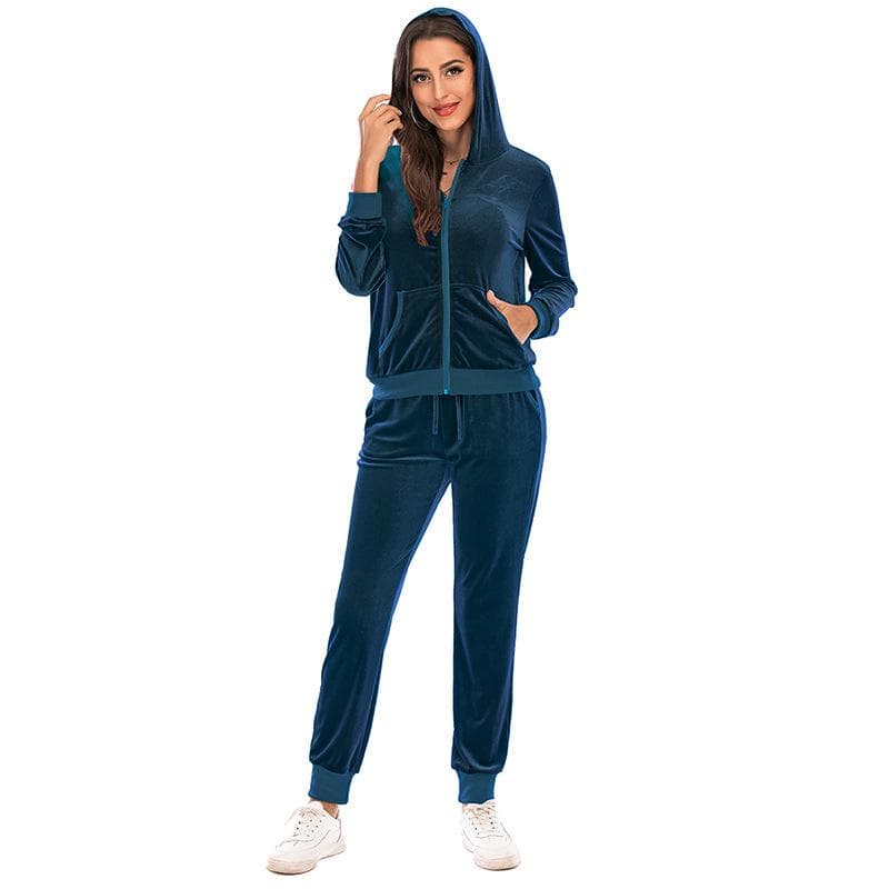 Women's Velvet Velour Super Soft Stretch Lounge Jacket Top and Bottom Set with Relaxed Zip Up Hoody and Jogger Sports Tracksuit S blue