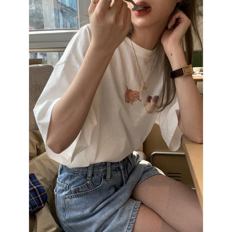 Korean Pure Cotton Printed Short-sleeved T-shirt for Women In Summer New Round Neck Casual Loose Half-sleeved Top XXXL white