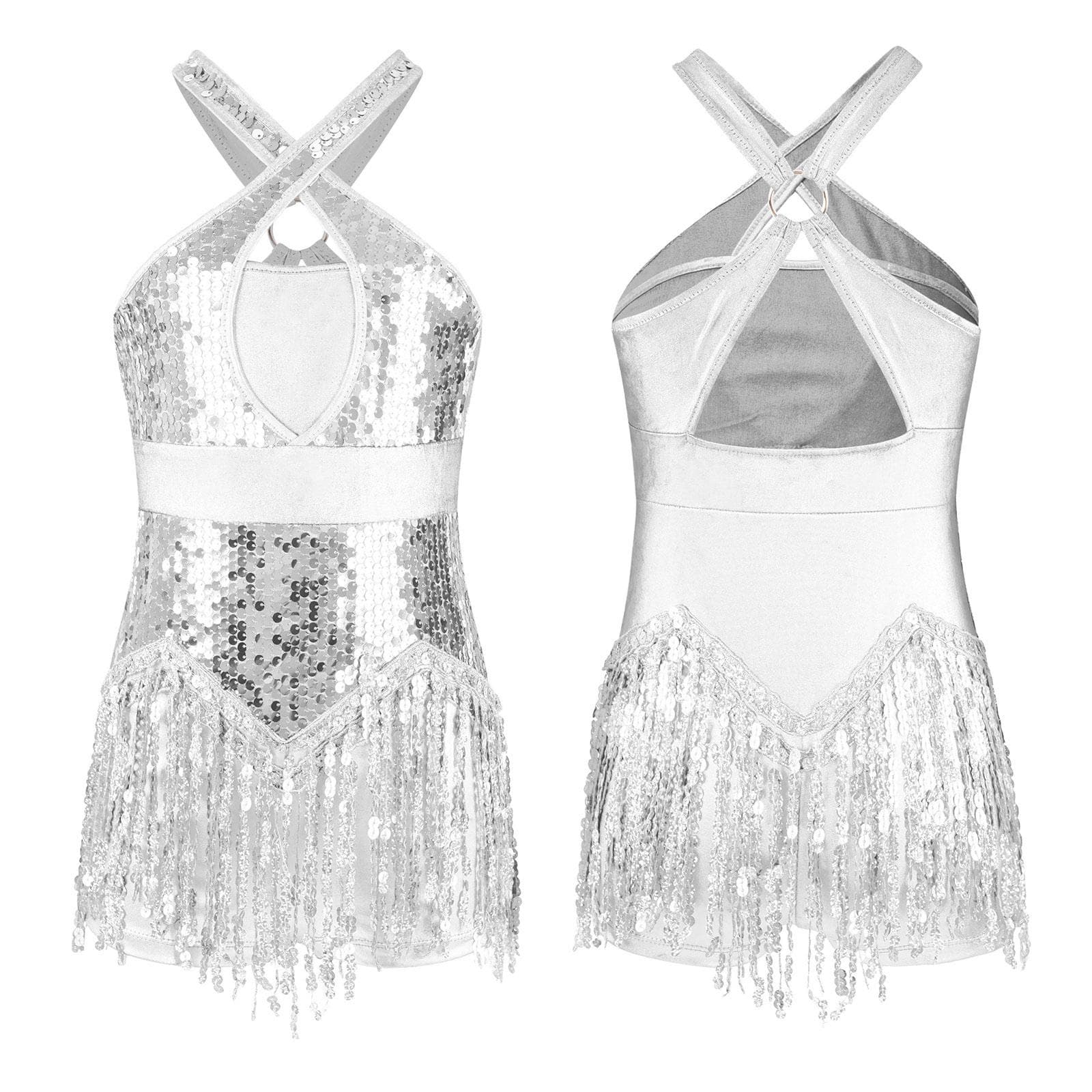 Kids Girls Cha-Cha Latin Dance Fringed Bodysuit Sparkly Sequins Tassel Leotard Performance Costume Tango Dancing Jazz Dancewear 11-12 Years silver