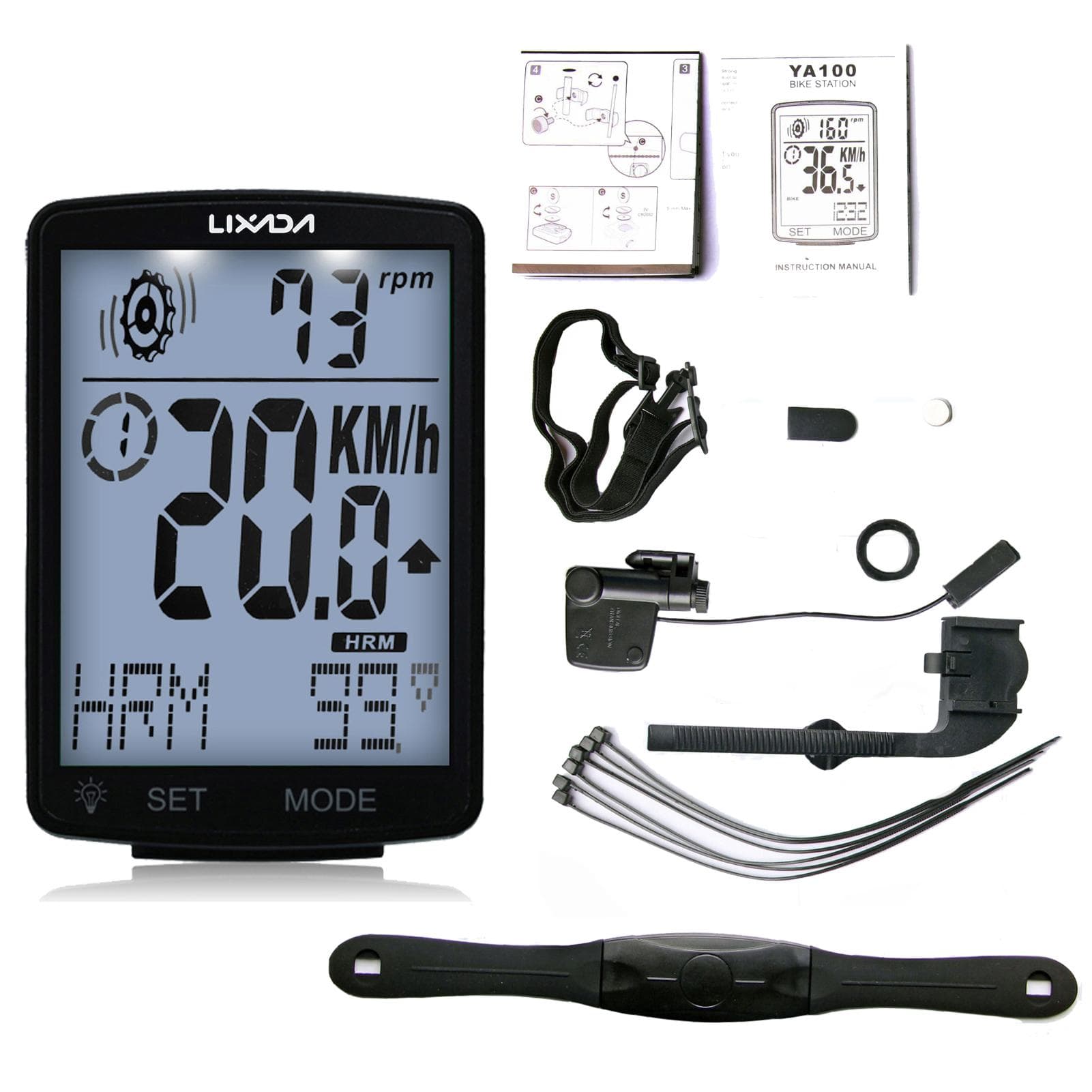 LIXADA 3 in 1 Wireless Bike Computer Multi Functional LCD Screen Bicycle Computer with Heart Rate White backlight black