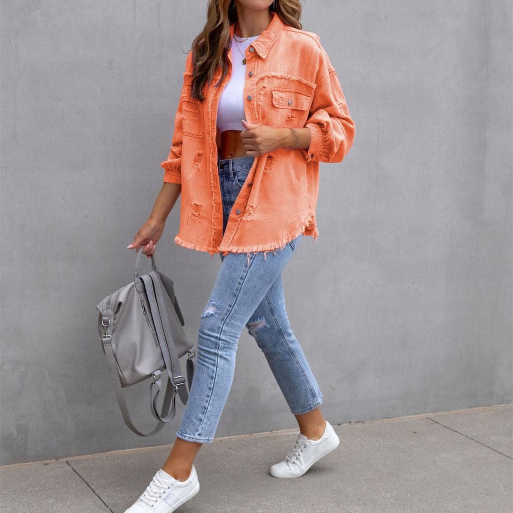 Women's Fashion Ripped Denim Women's Autumn and Winter Long-sleeved Casual Lapel Top Jacket XL