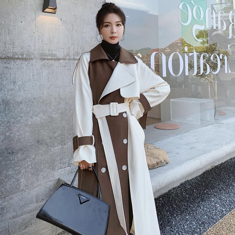 Women's Trench Coat Women's Long Spring and Autumn Korean Style Goddess Style Large Lapel Trench Coat S