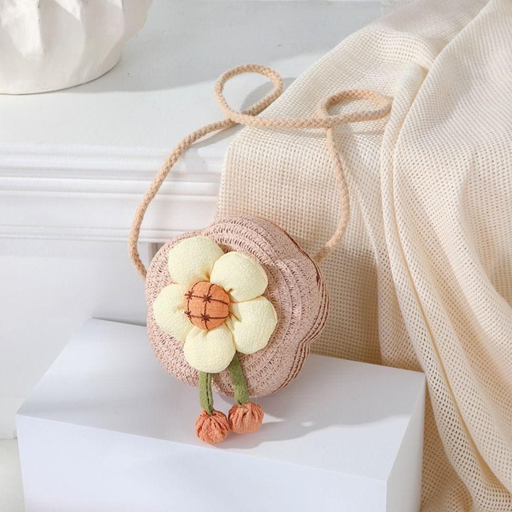 Durable Straw Crossbody Bag Flower Woven Coin Purse Handbag Girls Kids Shoulder Messenger Bag Summer Cute Princess Mini Handbag brown