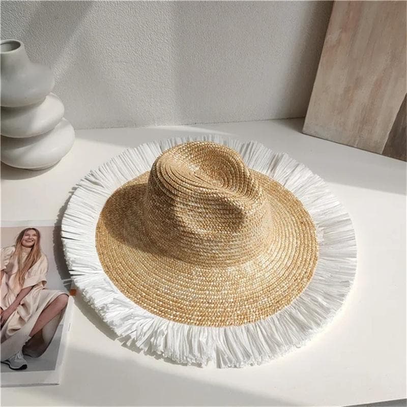 Summer straw hat pearl pin women's summer seaside sunshade hollow groove flat top straw hat sombrero M55-58cm