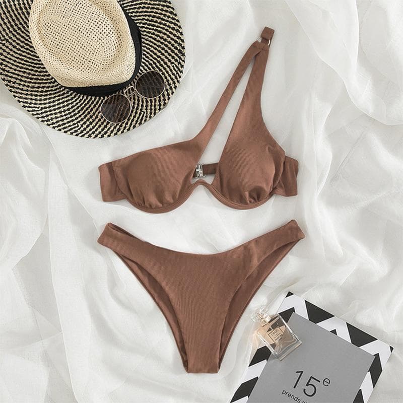 Sexy Bikinis Swimsuits Women's Swimwear One Shoulder Bathing Suits Push Up Beach Bikini Set L khaki