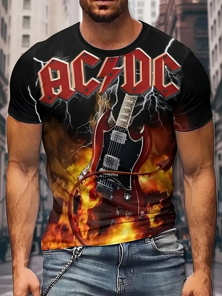 Men's AC/DC 3D Printed T-Shirt 100% Polyester Crew Neck Casual Knit Fabric Top Print Summer Fashion Tee S black