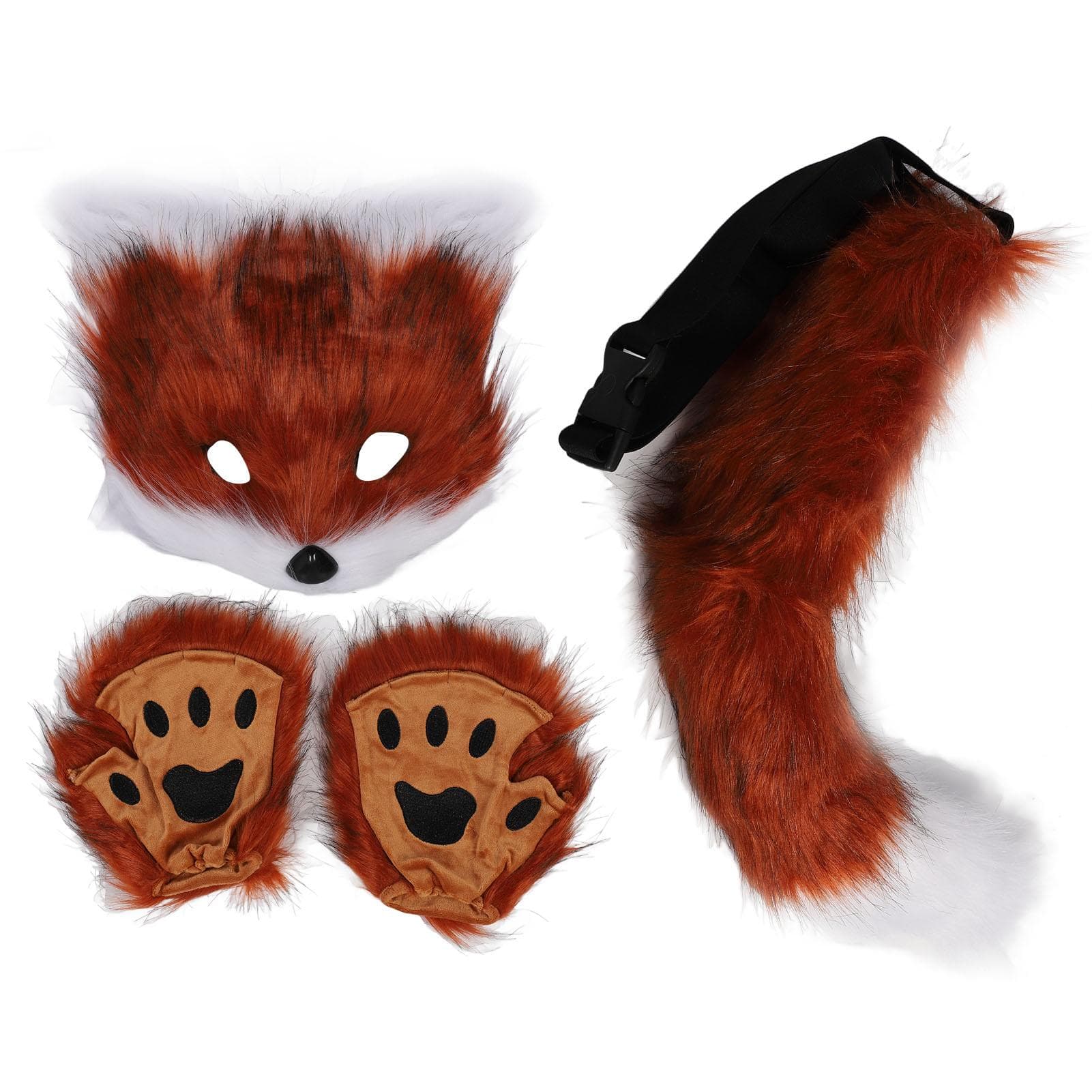 Fox Face Cover Gloves Tails Set Fluffy Plush Faux Fur Soft Skin Friendly Costume Accessories Animal red