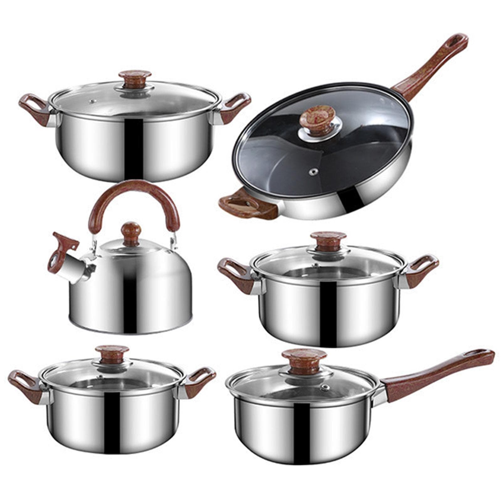 12Pcs Pots and Pans Set with 3L Kettle Nonstick Kitchen Stainless Steel Pans Induction Set with 12Pcs set