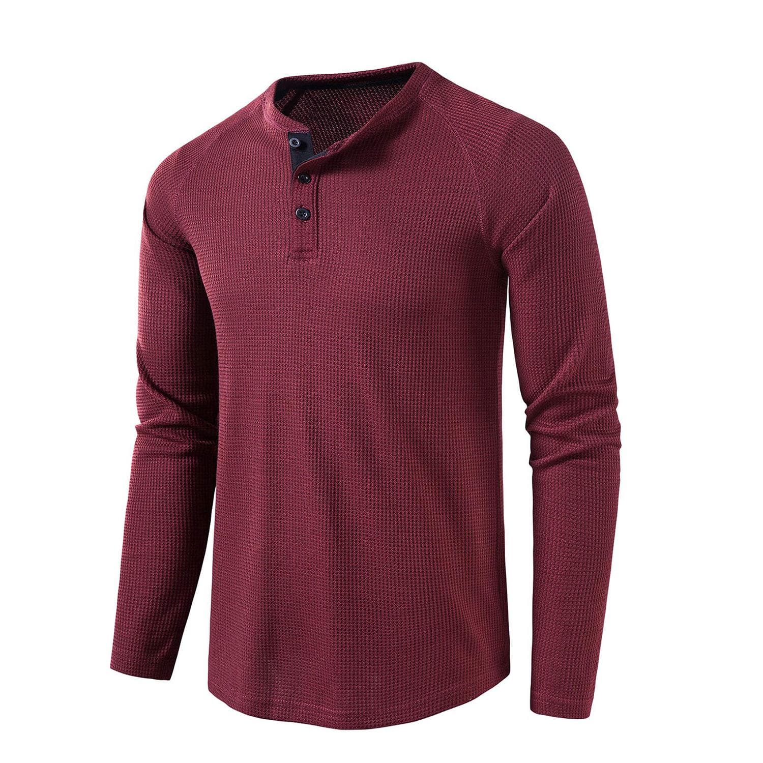 Men’s Waffle Henley Shirts Round Neck Long Sleeves T-Shirt Solid Color Casual Wear Autumn Winter Comfy Shirt M burgundy