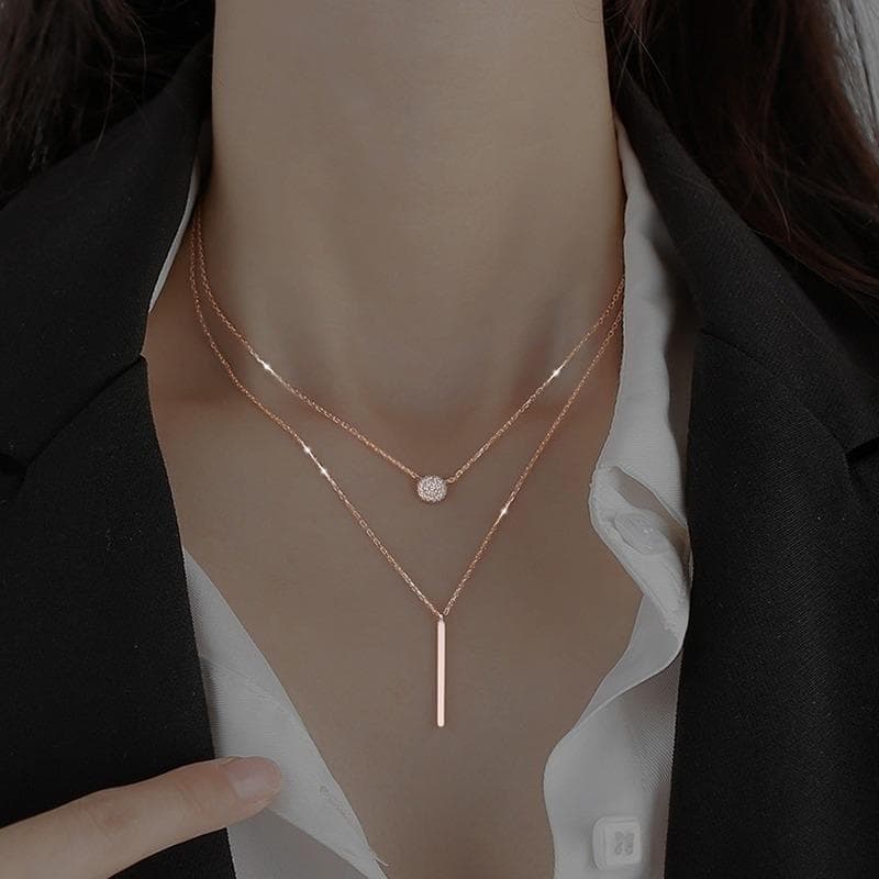 Square Flashing Diamond Round Geometric Double Necklace Female Clavicle Necklace Niche Cold and Simple Temperament Necklace Female 1pc gold