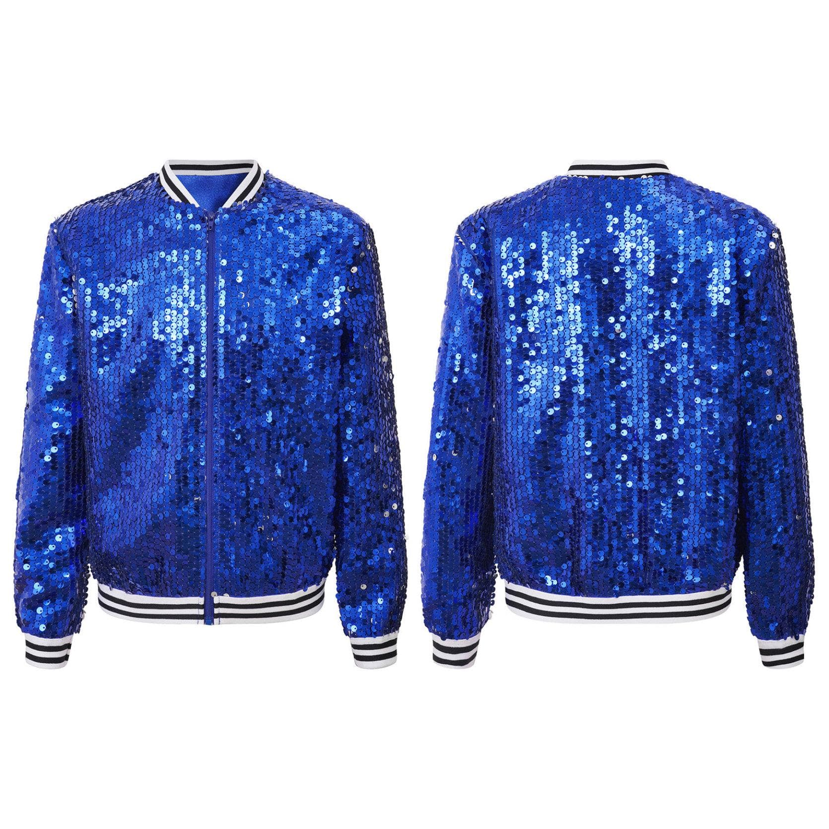 Kids Girls Sequin Bomber Jackets Zip up Shiny Long Sleeve Flight Jacket Coat Outwear Hip Hop Outfits 11-12 Years royal blue