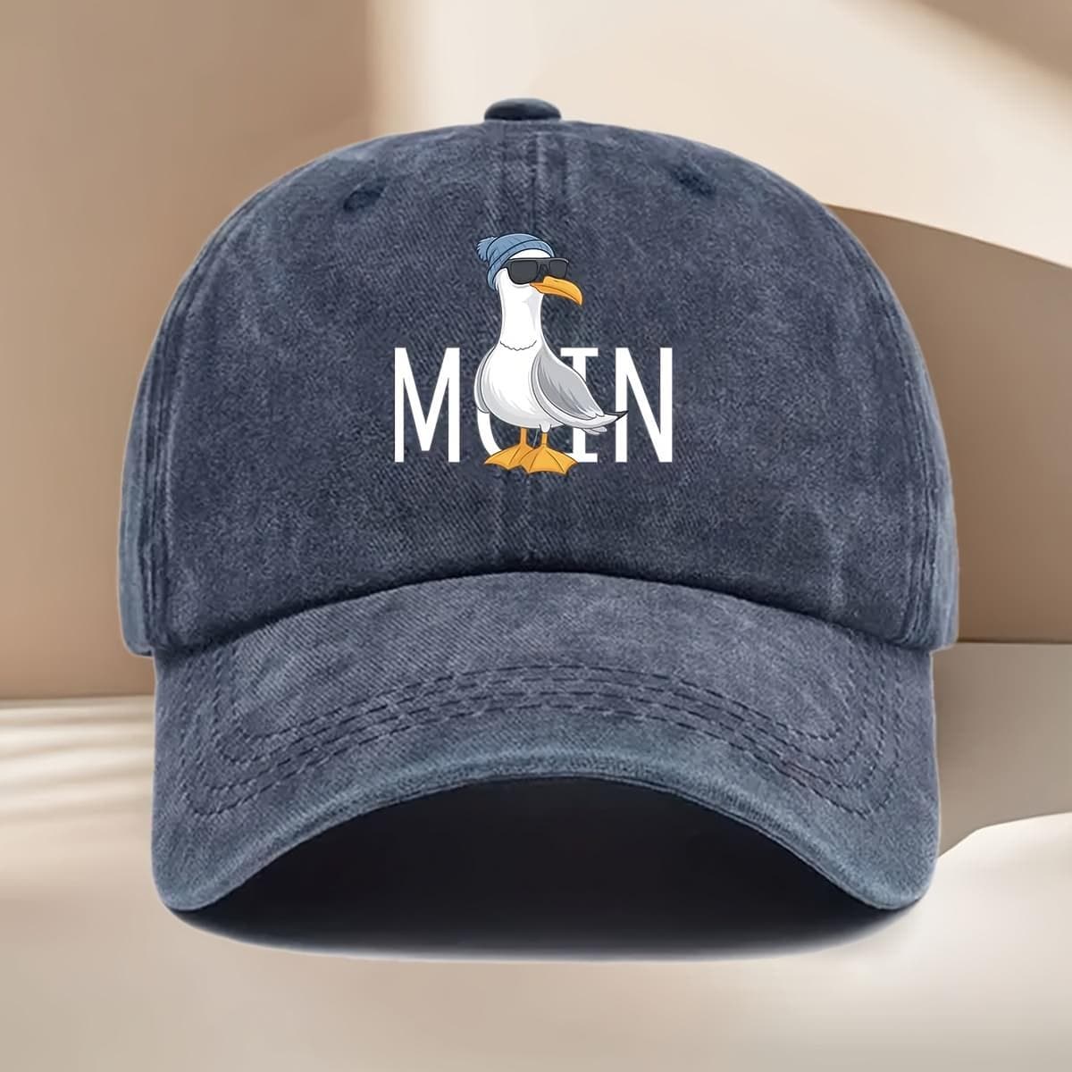 Seagull Cartoon with Blue Hat and Fashion Glasses MOIN Text Print Baseball CapAppropriate for Any Season One Size