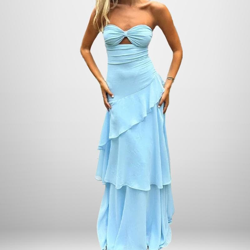 New Spring Style Sexy Strapless Long Skirt with Temperament Slim Dress M blue