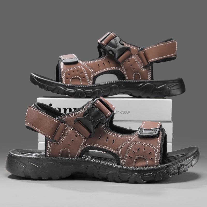 Summer Men Sandals PU Leather Lightweight Open Toe Flat Mens Casual Shoes Outdoor Walking Sandals for Men Beach Shoes Size 39-46 46 brown