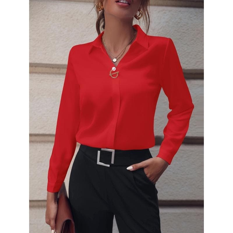Commuter Women's Blouses Versatile Simple Solid Color Shirts Long Sleeved Medium Long Oversized Shirt S red