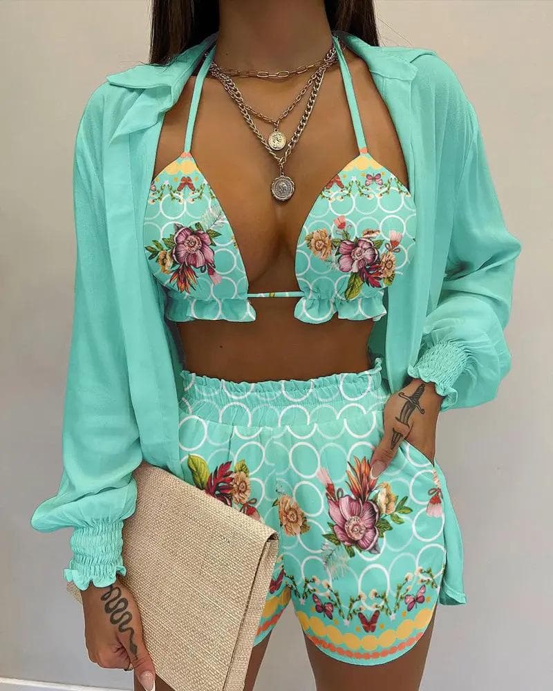 2025 Sexy Swimsuit Summer Fashion Solid Color Printing 3 Piece Suit Women 2XL