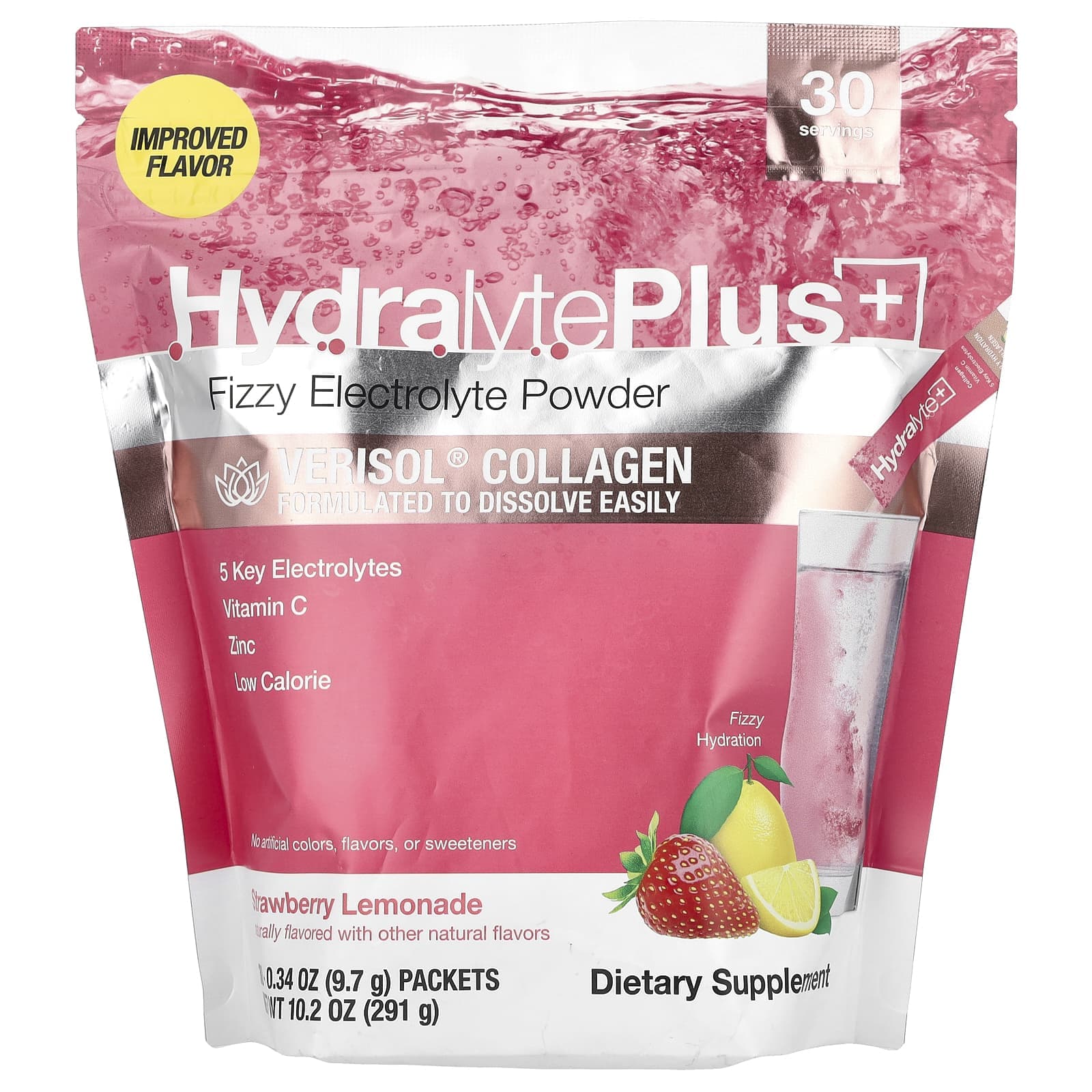 Hydralyte, Verisol Collagen, Carbonated Electrolyte Powder, Strawberry Lemonade, 30 Packets, 0.34 oz (9.7 g) Each