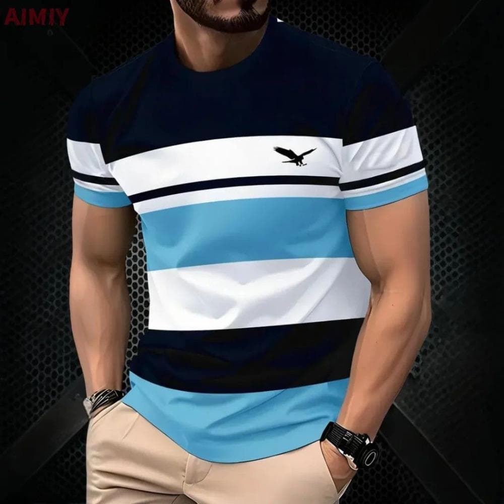 The Classic Design of Colorful Stripes and the Fashionable Style of Men's Short-sleeved T-shirts in Various Colors XL