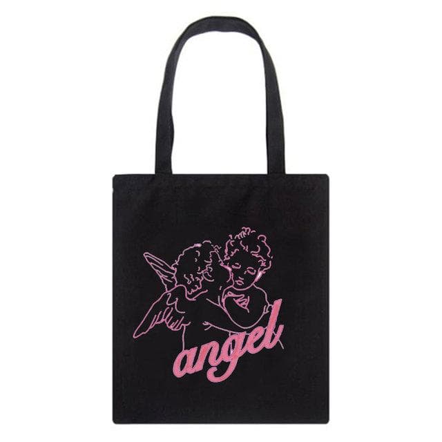 Fiorucci Letter Angel Cartoon Casual Vintage Large-capacity Fashion Harajuku Canvas Bag Hip Hop Shopping Bag Women Shoulder Bags 29*32cm