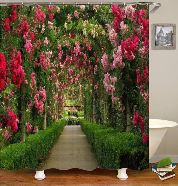 Home Wall Decor Shower Curtain 3D European Building Garden Flowers Patio Landscape Waterproof Polyester Bedroom Bathroom Curtain 150*180cm
