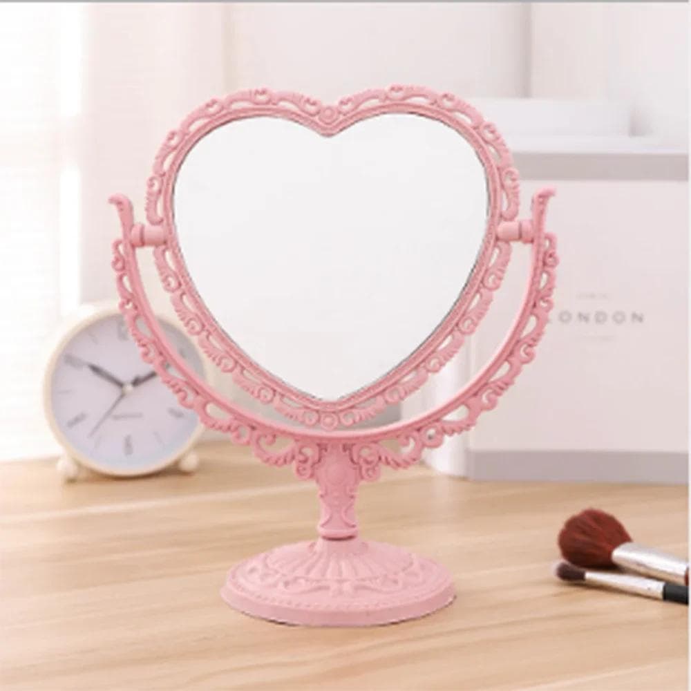 Desktop Makeup Mirror Heart Shape Makeup Vanity Portable Double-side Vanity Mirror Hand Mirror Cosmetic Compact Mirror for Women pink
