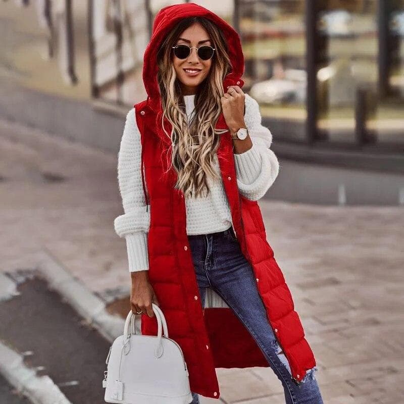 Order Two Size Up,Sleeveless Winter Jacket Women Midi Coats Down Vest Keep Warm Elegant Black Hooded Street Hipster Lady Cotton Overcoat XXXXL red