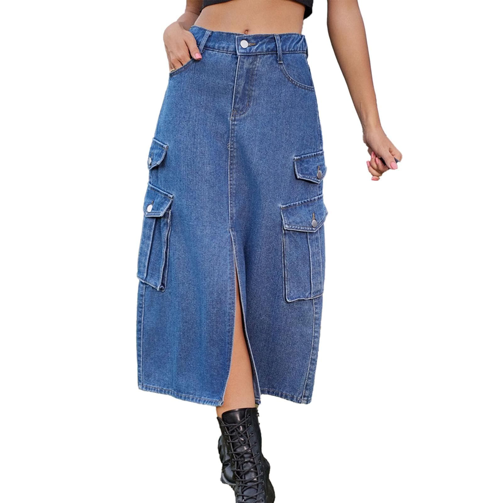 Woman Split Pockets Skirt Fashionable Pure Color Comfortable Skirt for Dating Working Black XXL S denim blue