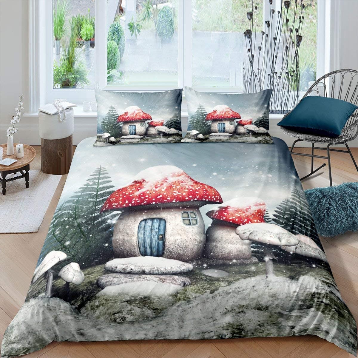 Mushroom Fairy Forest Duvet Cover Magic Lilliputian Cartoon Fungus Plant Bedding Set Fantasy Garden Polyester Comforter Cover 70x133cm 2pcs