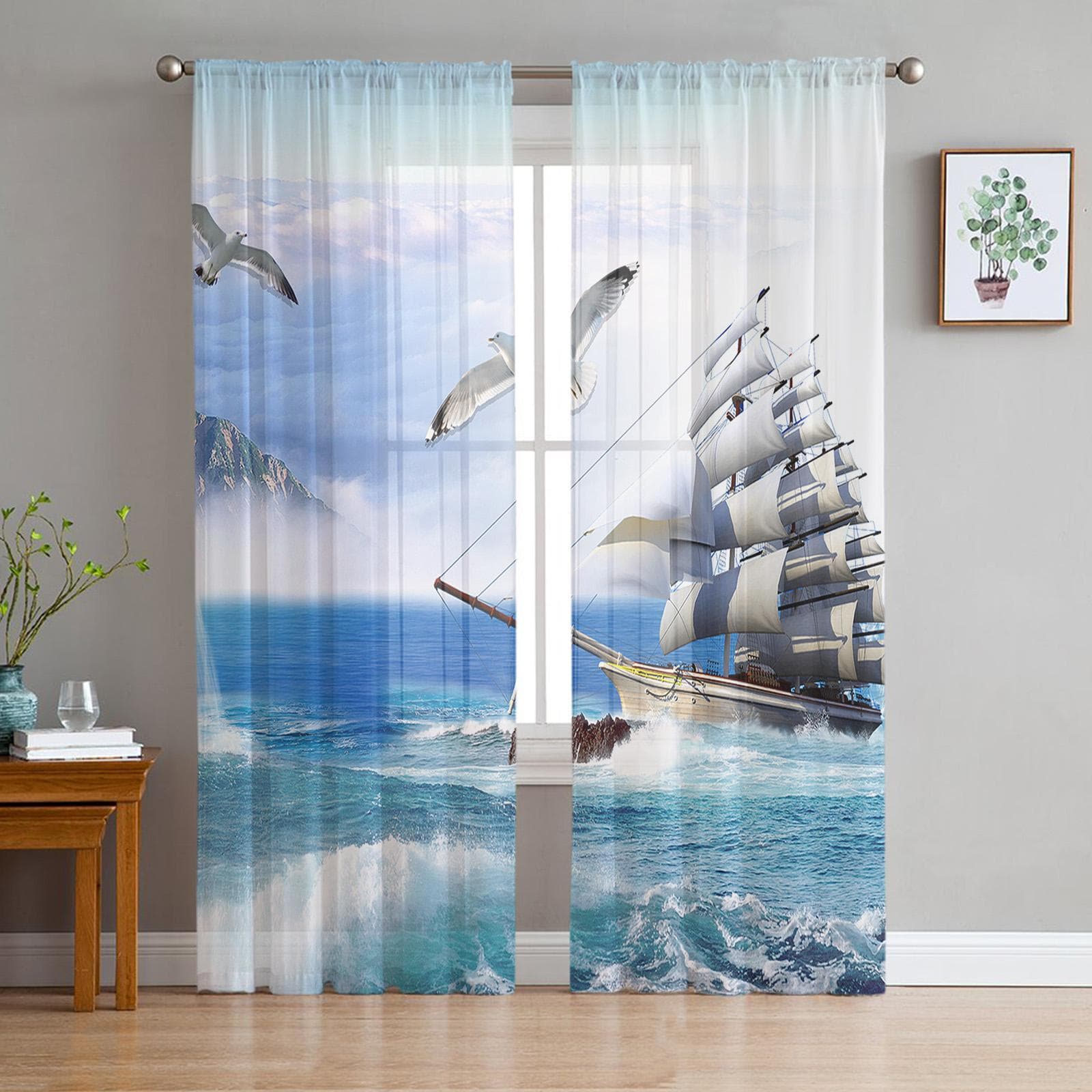 Adventure Stories Vintage Boat Tulle Sheer Curtains for Living Room the Room Bedroom Kitchen Decoration Voile Organza Curtains 135W x 114H(cm)