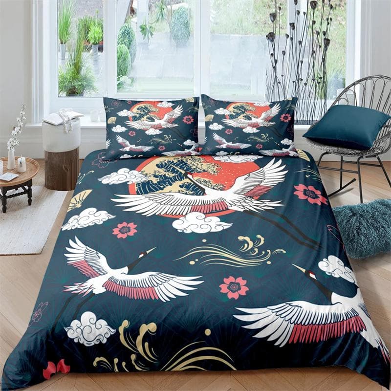 Japanese Crane Duvet Cover King Queen Size Wave Flower Ukiyo-e Style Bedding Set Eastern Culture 2/3pcs Polyester Quilt Cover 135X200cm-2pcs
