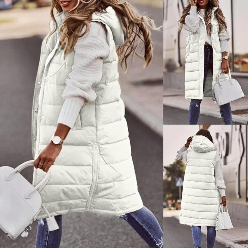 Order Two Size Up,Sleeveless Winter Jacket Women Midi Coats Down Vest Keep Warm Elegant Black Hooded Street Hipster Lady Cotton Overcoat M white