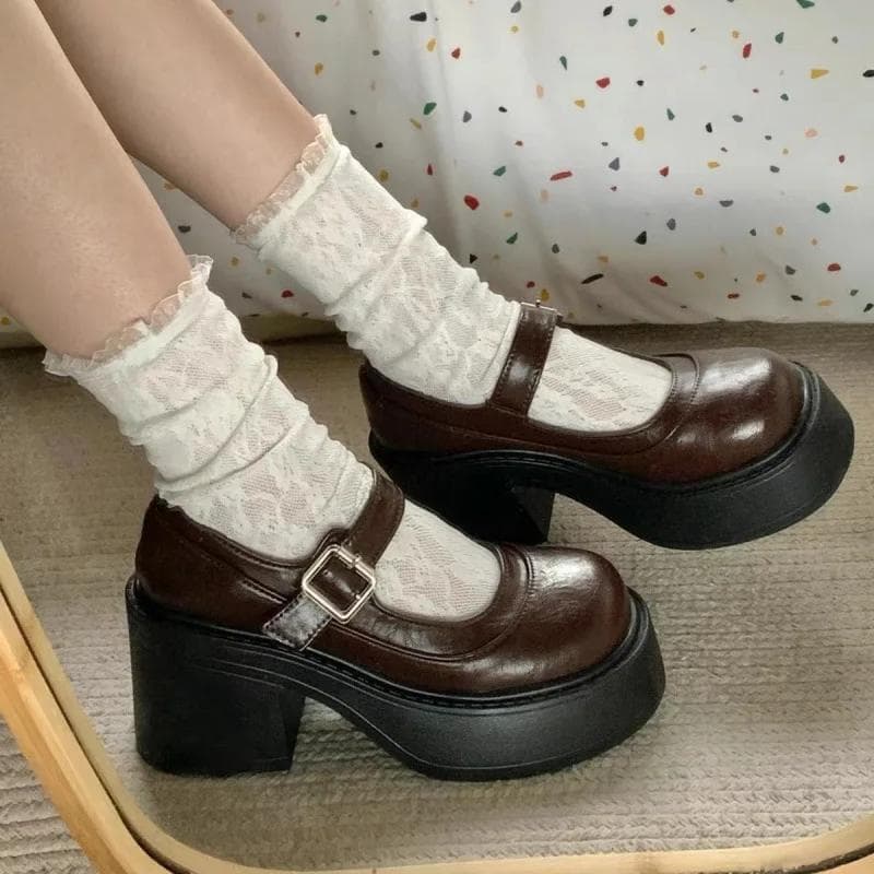 Thick Bottom Mary Jane High Heels Women's Spring Autumn Shallow Ruched Preppy Style Student Shoes Leather Shoes 39 brown