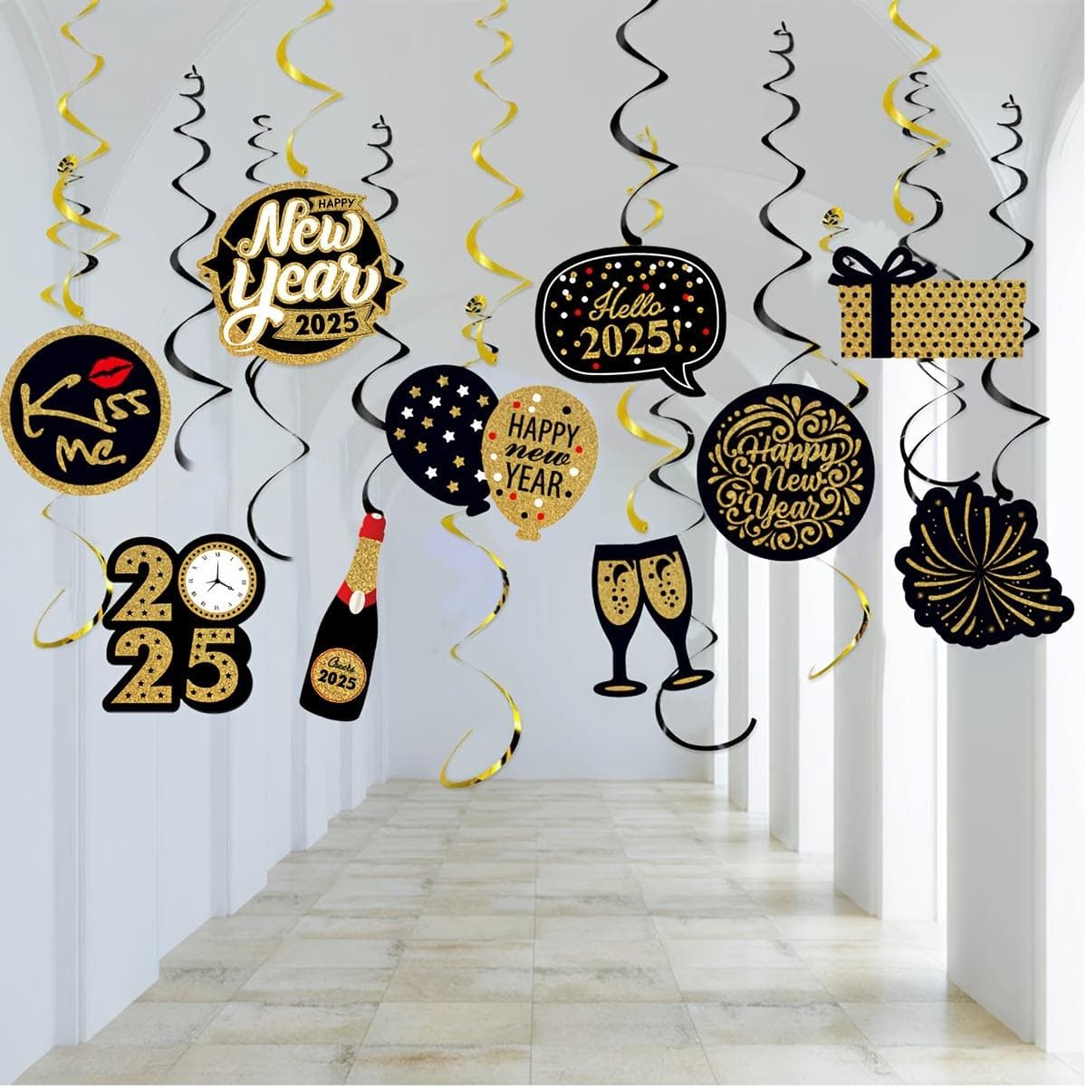 2025 New Year Spiral Hanging Decorations, Black and Gold Champagne Cups, Balloons, Fireworks Designs, Festive Home and Kitchen Decorations