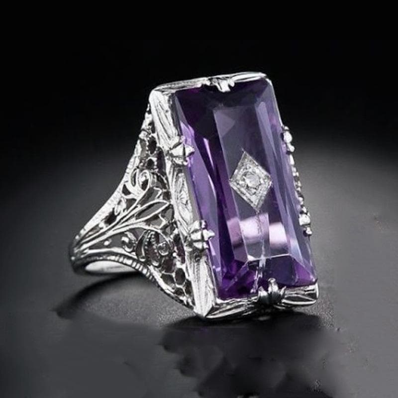 Amethyst Princess Ring: Inlaid Beveled Rectangular Gem with European & American Hollow Filigree Design Size 7 purple