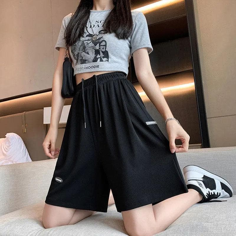 Women's Ice Silk Sports Shorts Summer Thin Section Plus Size High Waist Wide Legs Loose and Thin Girl Five Points Casual Pants Fitness Short XXL black