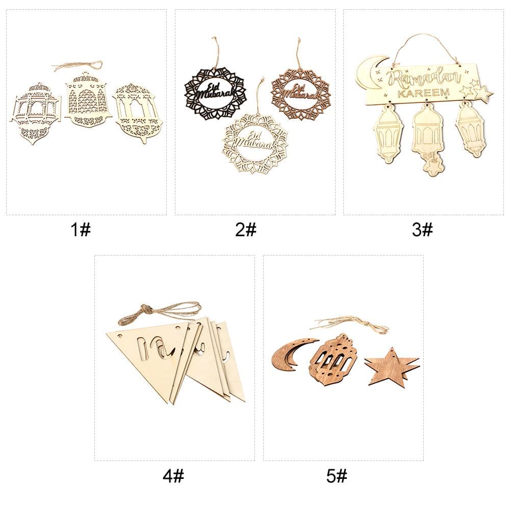 Wooden Eid Mubarak Hanging Pendant Ramadan Crescent Pattern DIY Crafts Ornament with Rope Festival type 3