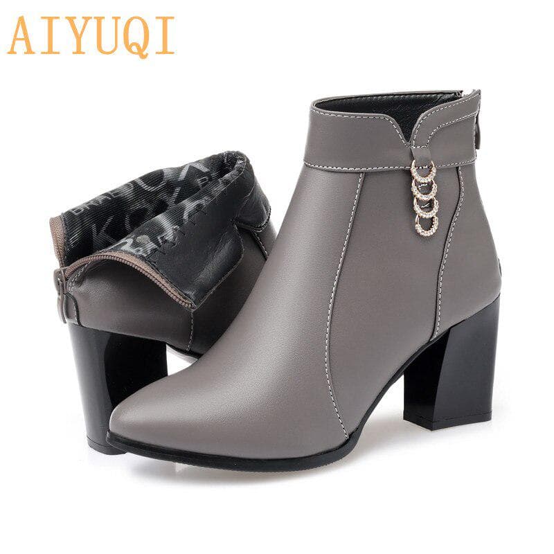 Women's Ankle Boots Genuine Leather Women's Fashion Boots Red Pointed Rhinestone Winter Boot 35 gray