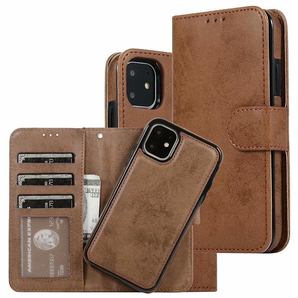 Retro 2 in1 Magnetic Detachable Leather Wallet Case for iPhone 16 15 14 13 12 11 Pro Max Samsung S23 S22 S21 S20 Ultra Plus FE A13 A53 A52 A12 A33 Samsung A20 brown