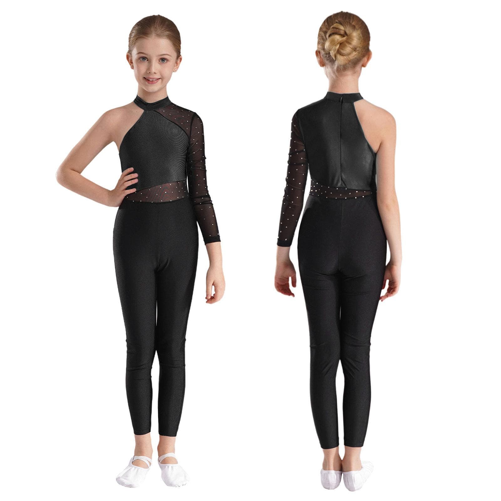 Girls One Mesh Sleeve Full Body Cover Jumpsuits Gymnastics Ballet Modern Dance Uniform Unitard Ice Skating Competition Costume 7-8 Years black