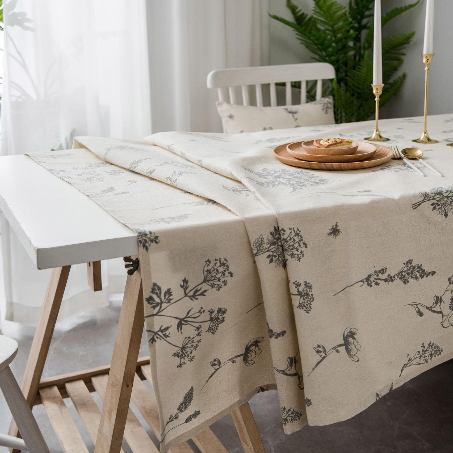 Print Cotton Linen Tablecloth Rustic Garden Natural Botanical Decorative Table Cover Kitchen Dining Picnic Indoor Outdoor Use 90x90cm