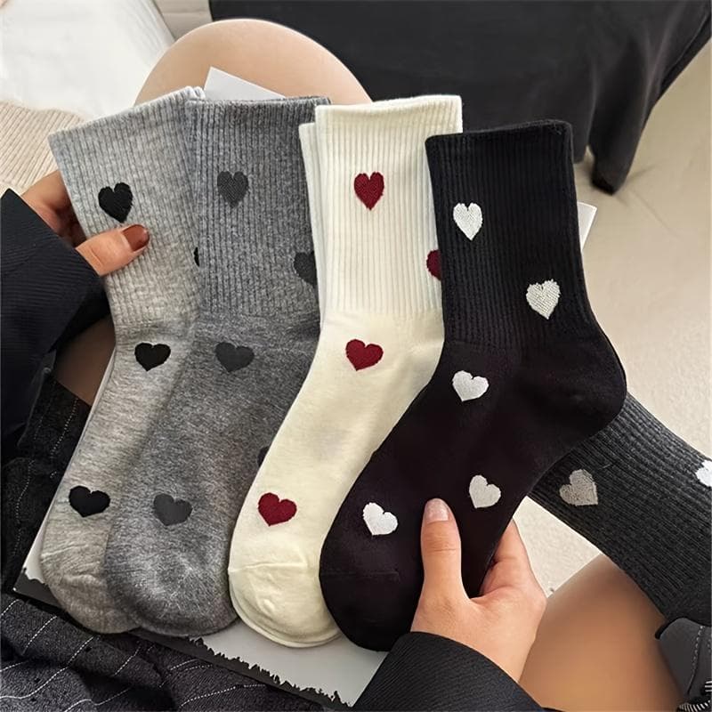 5 Pairs Heart Print Socks, Simple & Comfort Mid Tube Socks For Fall & Winer, Women's Stockings & Hosiery One-size