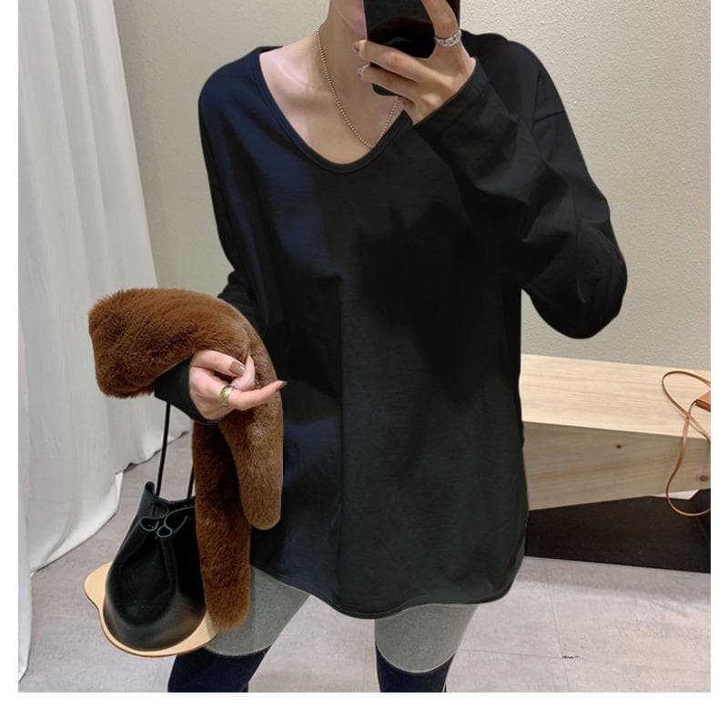 V-neck White Fur Coated Bottoming Shirt for Women In Autumn and Winter New Simple and Versatile Loose Casual Mid-length T-shirt Top XXL