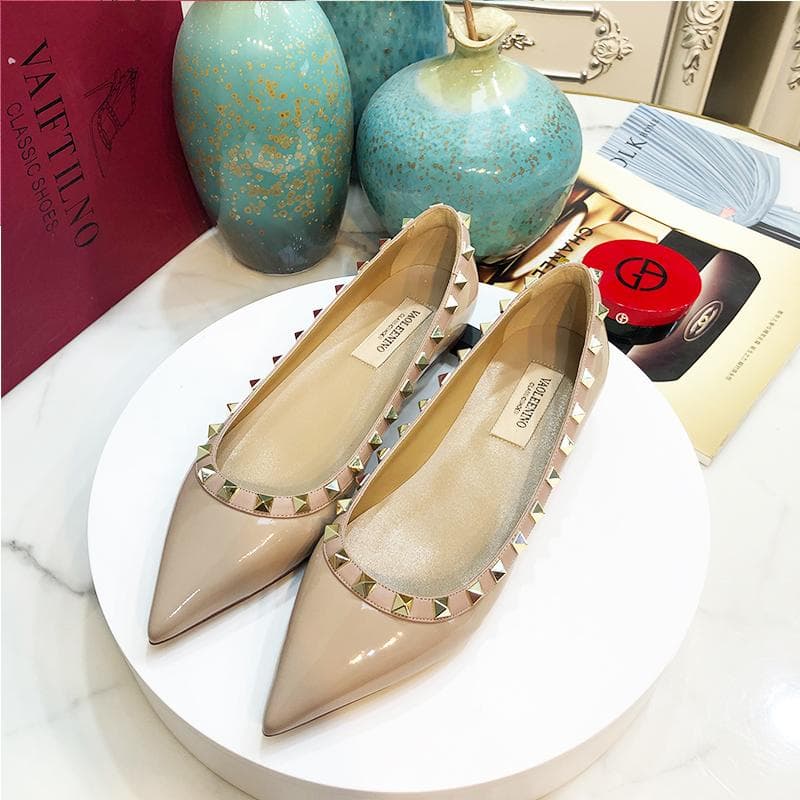 Luxury Brand Rivet Midsole Heel Shoes Leather Pointed Shallow Cut Flat Bottom Women's Shoes Versatile Fashion Women's Pumps 38