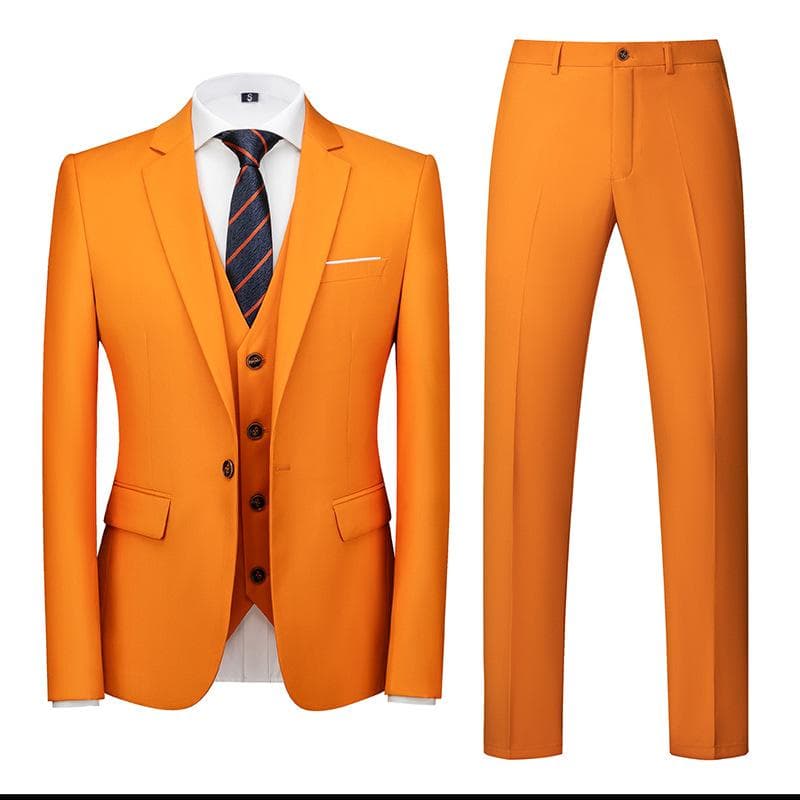 Formal Suit 3 Piece Set Suit for Men's Business Office Wedding Party Suit Blazer+Pant+Vest M orange