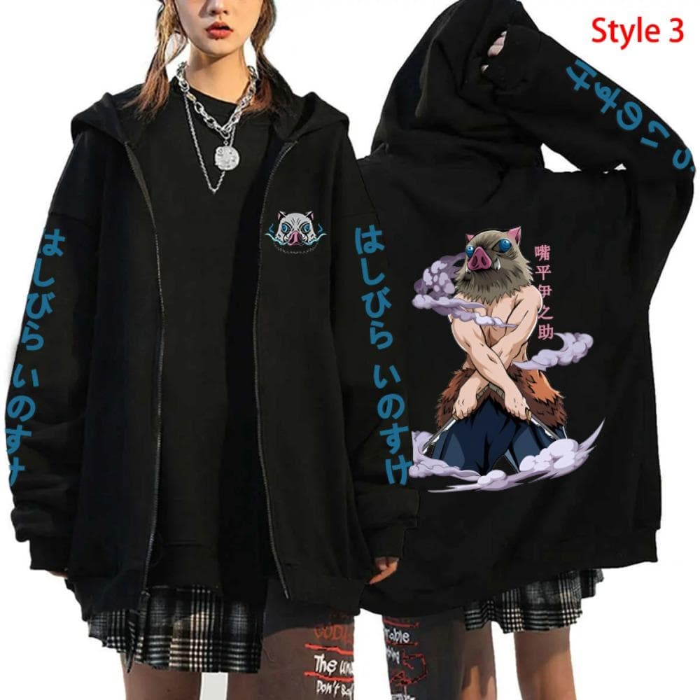 Hot Anime Hashibira Inosuke Printing Zipper Hoodies Women Men Fashion Y2k Personality Zipper Long Sleeve Hooded Sweatshirt S