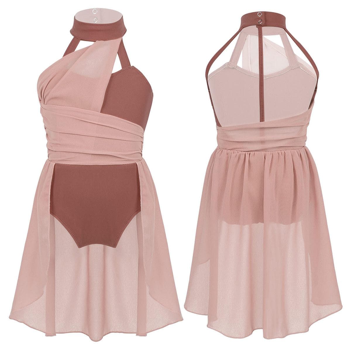 Kids Girls Sleeveless Ruched Chiffon Bodice Caged Back Leotard Dress for Lyrical Contemporary Dance 8-10 Years brown