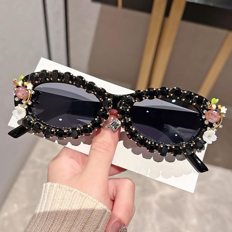 Stylish Unisex Oval Sunglasses with Rhinestone Pearl Accents Brown Tinted Lenses White Frame Perfect for Parties