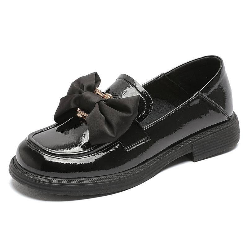 Cowhide Loafers Women's Spring New Patent Leather Sweet Bowknot Flat Small Leather Shoes Single Shoes 40 black